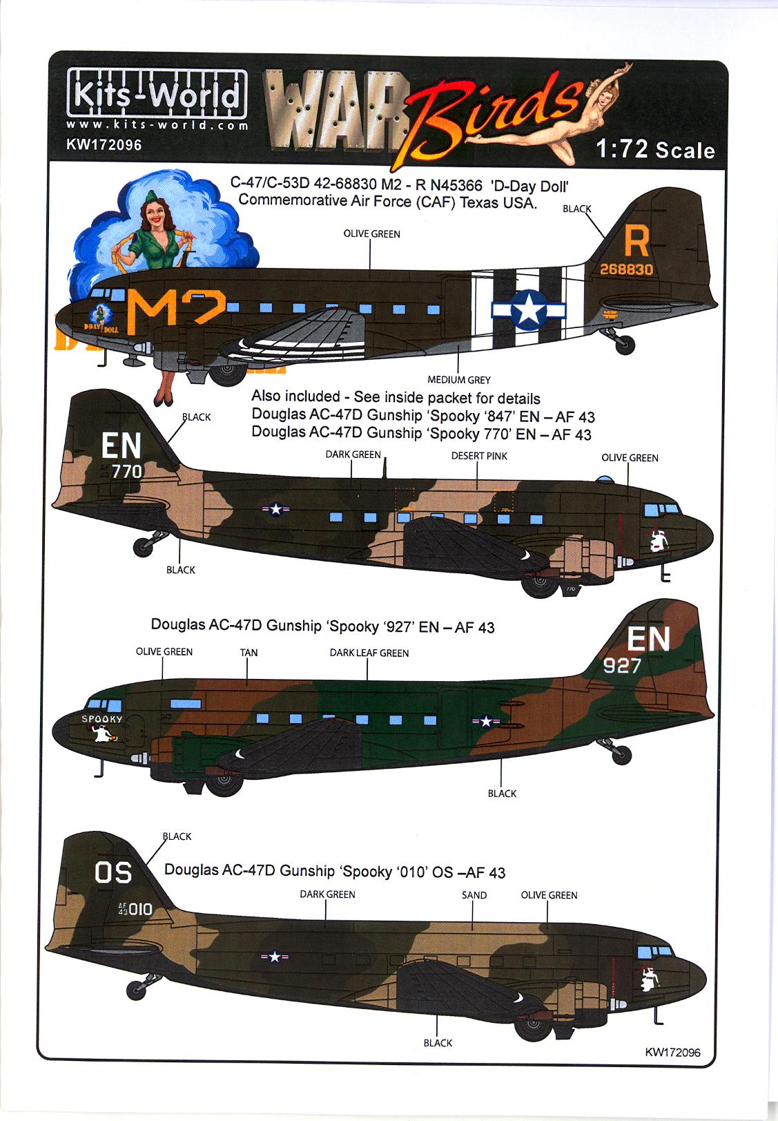 Kits World Decals 1/72 DOUGLAS C47 SKYTRAIN & C53 & AC47 GUNSHIP eBay